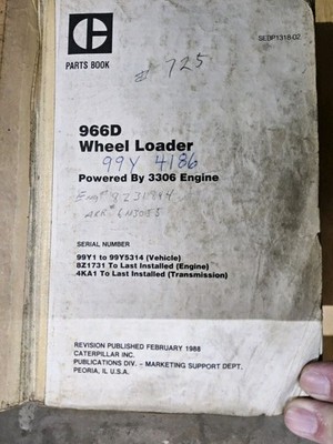 Caterpillar  966D Wheel Loader w/3306 engine, Parts Book,  vintage 1988 well...