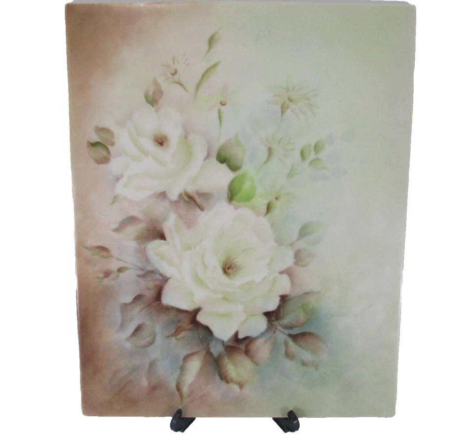 Azulejo cerâmico feito à mão flores decorativas padrão rosa branca retângulo 26x20,5cm - Imagem 2 de 4