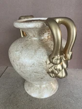 Vintage JARU California Ceramic Sculpture Lion Head Vase W/ Handles Beige Gold