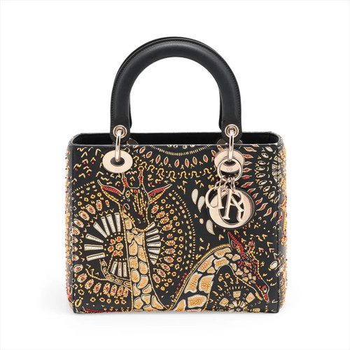 Christian Dior Lady Dior Leather x beads Hand bag Black x yellow
