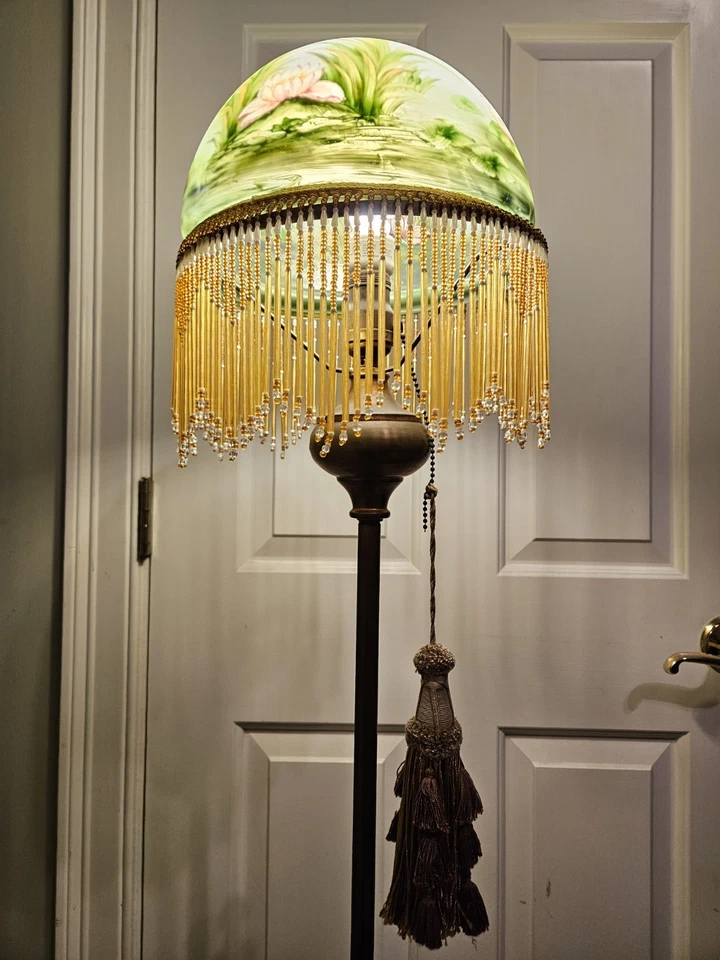 1930's Deco Nouveau Floor Lamp with Reverse Painted Glass Shade and Glass Fringe - Image 2 of 4