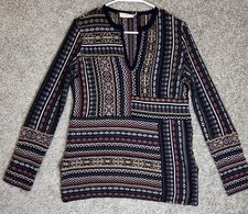 Tory Burch Fair Isle Patchwork Wool Tunic Sweater XS Geometric V Neck Boho