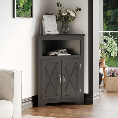 Corner Storage Cabinet, Small Corner Cabinet with Barn Door Design and Adjustabl