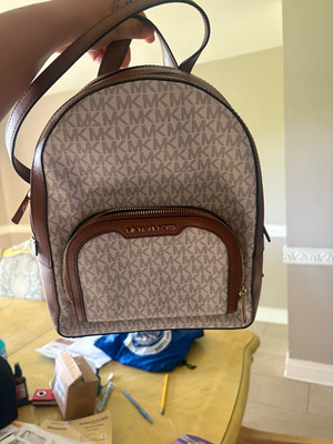 Michael Kors Jaycee  Monogram Backpack Beige Brown Gold Hardware Zip Pockets
