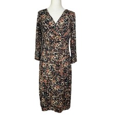 Peruvian Connection Faux Wrap Printed Dress Size L Long Sleeve Stretch V Neck