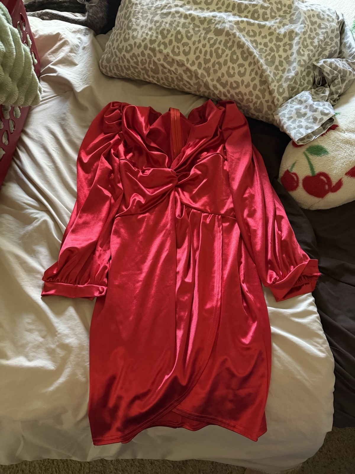 Women's Red Satin V-Neck Long Sleeve Mini Dress, Zip Back, Button, XL