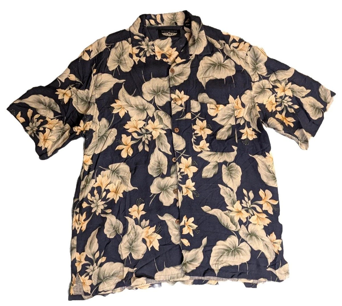 Straight Down 100% Silk Navy Blue Floral Wooden Button Hawaiian Shirt Mens L