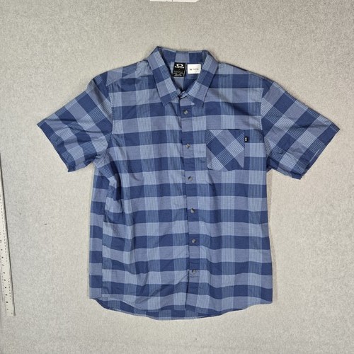 Oakley Men Button Up Shirt XL Blue Plaid Logo Short Sleeve Regular Fit Pocket