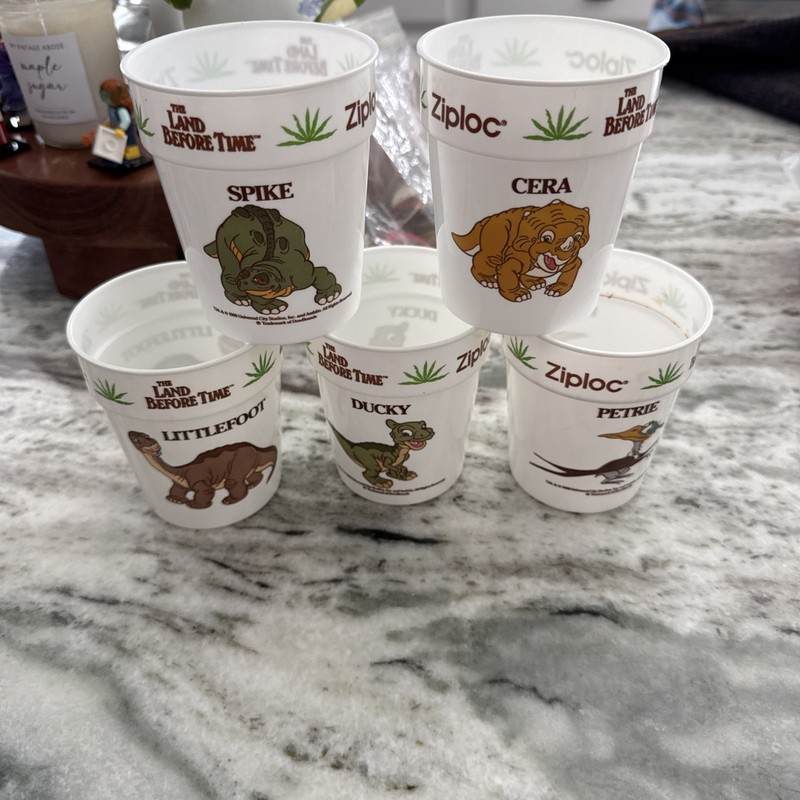 The Land Before Time Plastic Cup Lot Complete Set Of 5 Ziploc VTG 1988