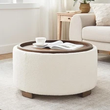 30 Inch Round Storage Ottoman Coffee Table, Modern Boucle Ottoman