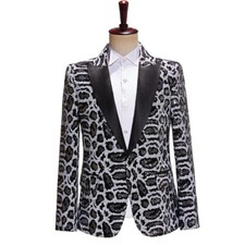 Men's Leopard Pattern Sequins Tuxedo Jacket Suit Blazer Coat Wedding Dress