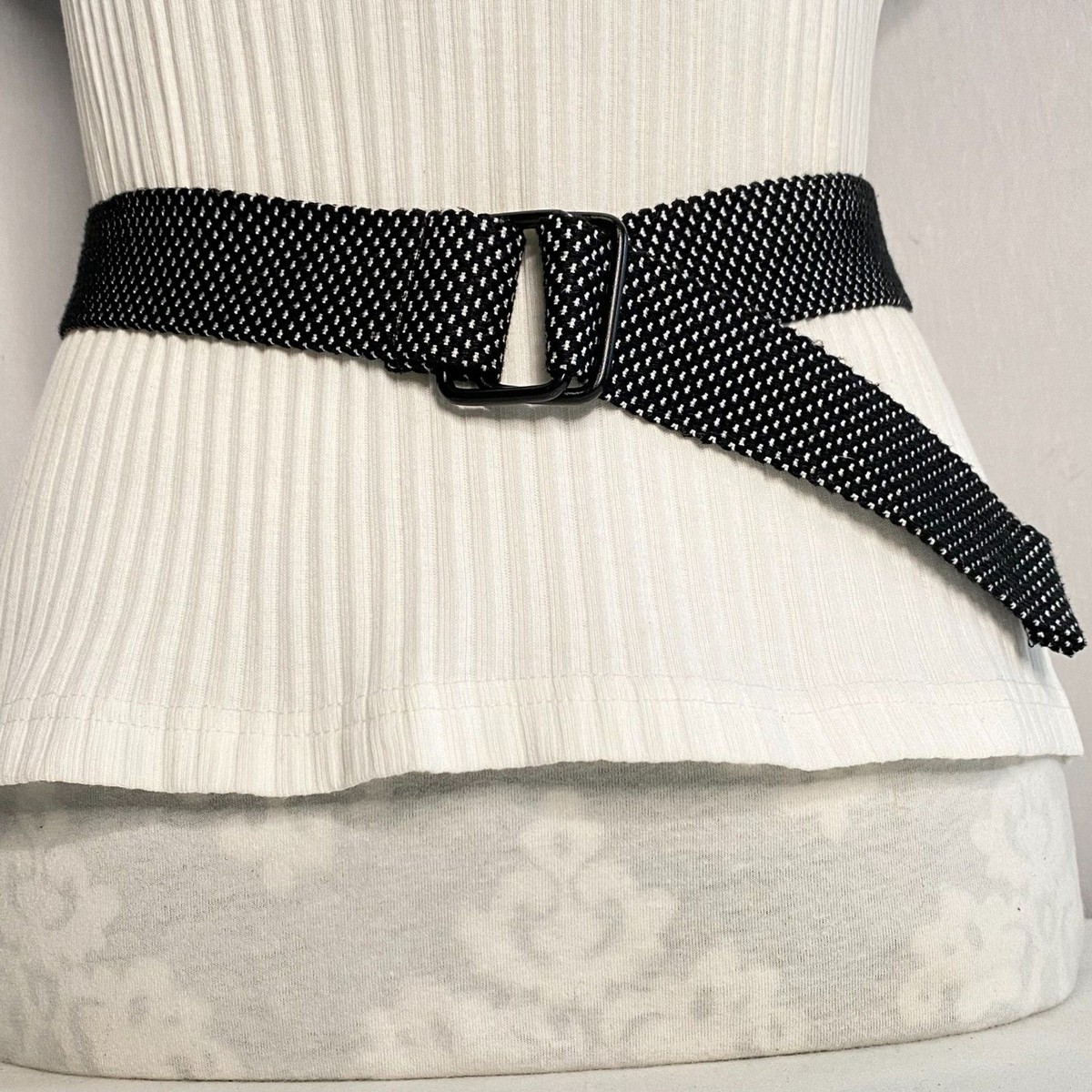 Womens Textured Fabric Belt Small Black White Jacquard Pattern D
