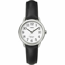 Timex T2H331, Women's Easy Reader, Black Leather Watch, Indiglo, Date, NEW