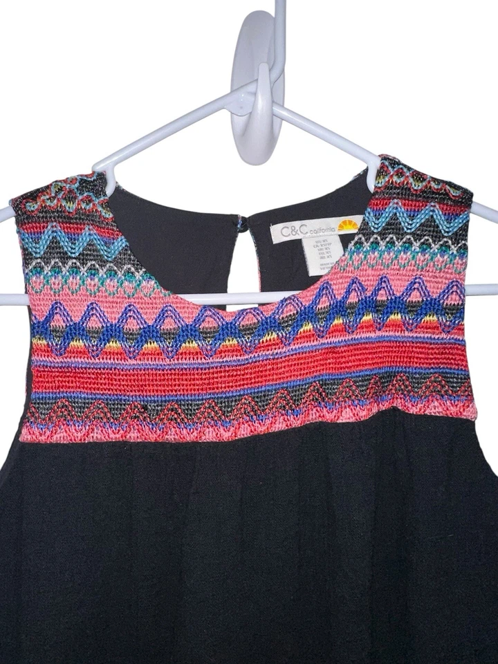 C&C California XS Sleeveless Gauze Shift Dress Black Aztec Embroidered Boho - Image 3 of 4