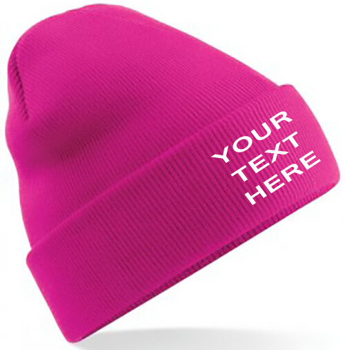 Personalised custom embroidered Mens/Ladies Beanie Hat, Fuchsia Pink, Text/Logo