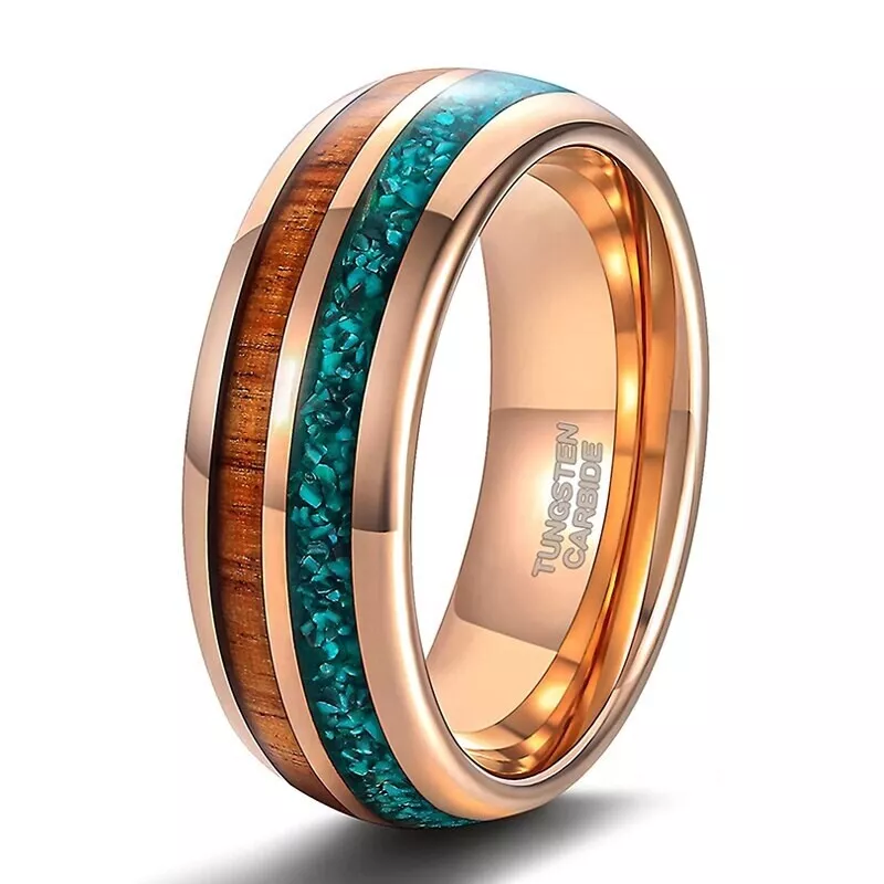 8mm Mens Tungsten Wedding Ring Turquoise Wood Inlay Rose Gold