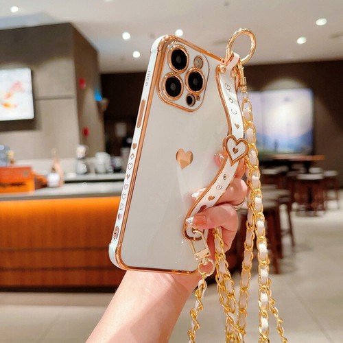 For iPhone 15 14 13 12 11 Pro Max Plating Lanyard Wrist Strap Heart Case Cover - Picture 8 of 25