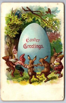 C.1910 ANTHROPOMORPHIC RABBITS & GNOMES DANCE AROUND EASTER EGG Postcard P24
