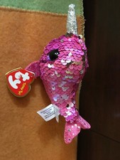 2019 Ty Teeny Nelly The Narwhal Fish Flippable Sequins Pink Plush 4" Long W/Tags
