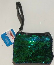 Staples Reversible Sequins Pen Pencil Pouch Makeup Case 6" L x 4.5" W Green
