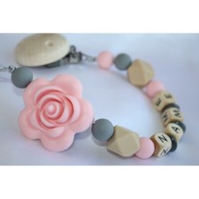 Pink Rose Personalised Wooden Dummy Clip , Silicone Chain, Baby shower, Easter