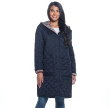 Weatherproof Ladies Reversible Quilted Long Jacket In Black / Loden Size S