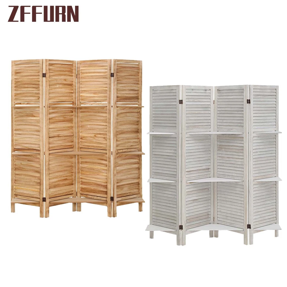 4 Panel Wood Room Divider Folding Screen Partition Freestanding with Shelves - Image 2 of 2