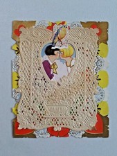 Antique Carrington Co Paper Lace Embellished Valentine Boy Girl Kissing 9954