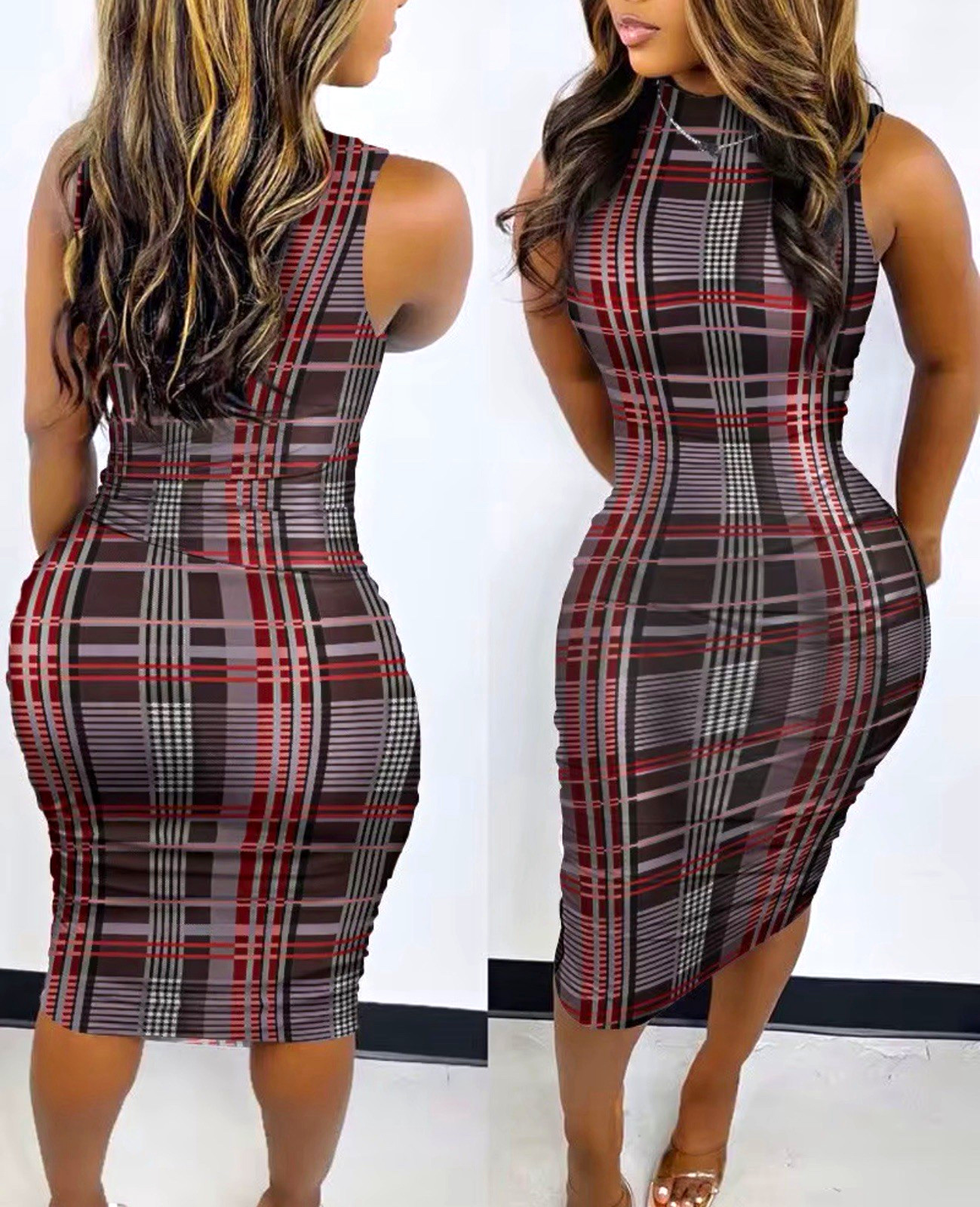 Women's M Gray/Red/Black/White Plaid Bodycon Dress Mock Neck Sleeveless Stretch