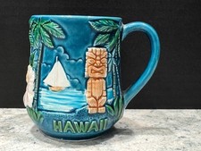Hawaii Blue Tiki Mug Sailboat Pink Hibiscus P...