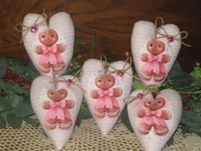 Pink Cottage Christmas 5 Gingerbread Hearts Ornaments Wreath Accents Handmade