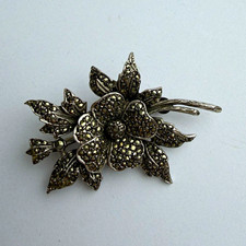 Vintage Silver Marcasite Flower Brooch Pin Floral Bouquet Statement Jewellery