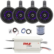 Pyle Marine 4-CH Bluetooth Amplifier w/Kit, 4x 10" 300W LED Black Speakers, Wire