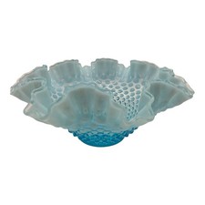 Fenton Vintage Style Blue Opalescent Hobnail Ruffled Glass Bowl 9.75"