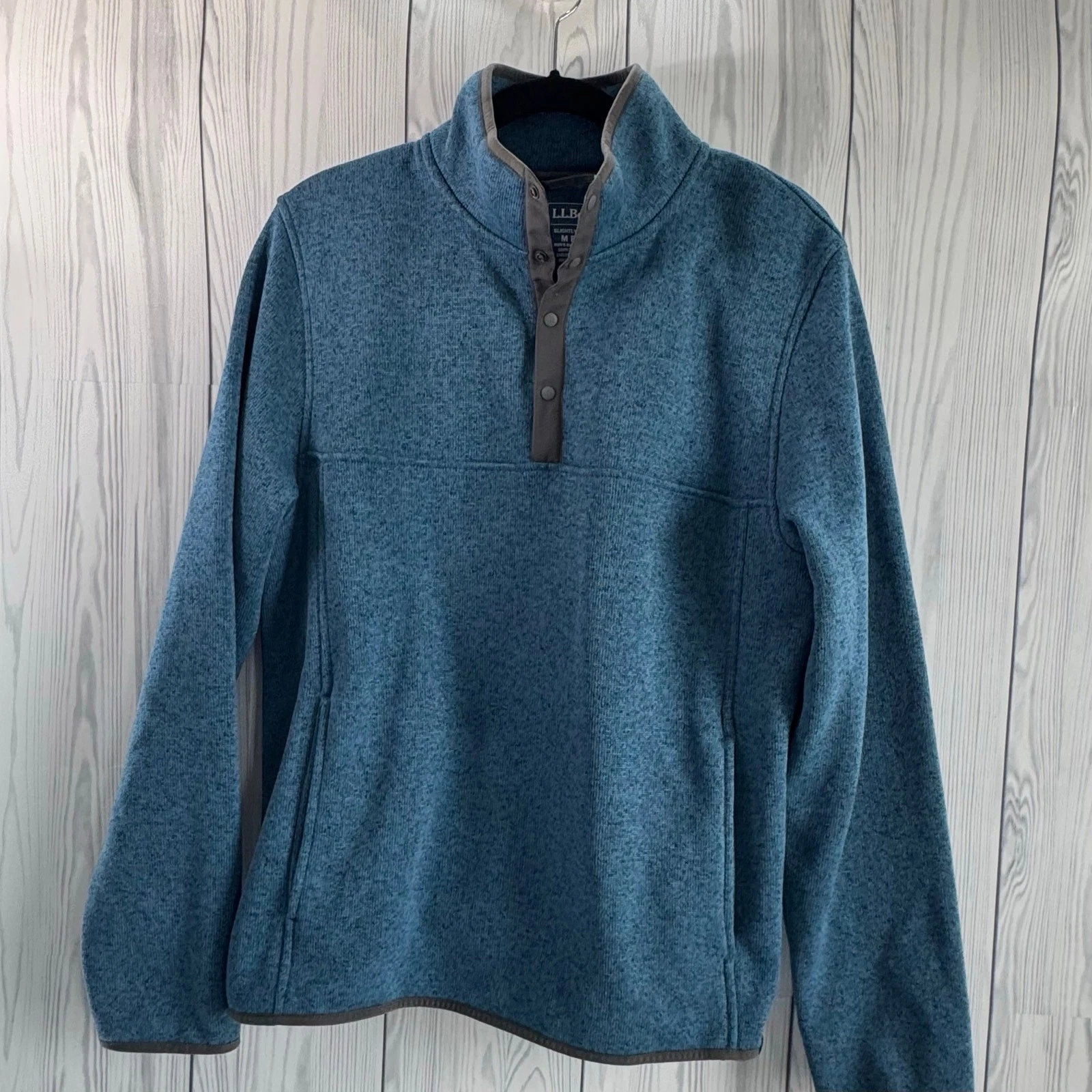 LL Bean Pullover Fleece 1/4 Snap Jacket Mens Blue Medium Regular Slightly Fitted