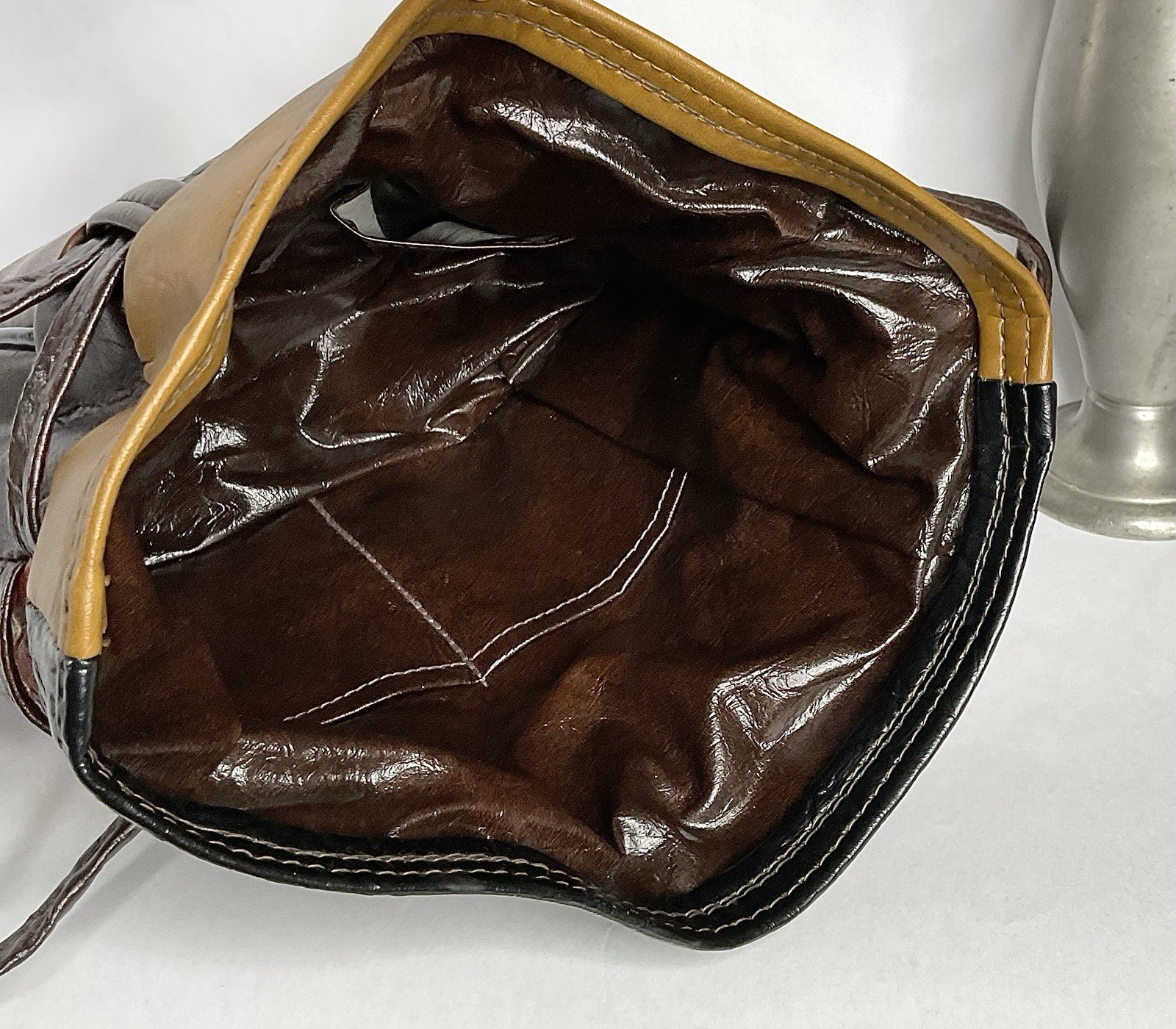 1960s 1970s Drawstring Patchwork Bucket Bag, Vint… - image 5