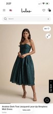Lulus Analeia Dark Teal Jacquard Lace-Up Strapless Midi Dress