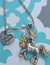 Girls Unicorn Heart Charm Necklace, Adjustable Silver Multicolor Chain