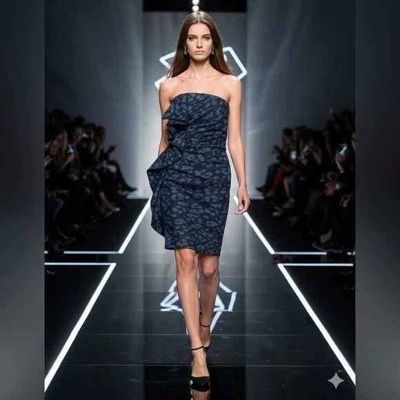 Lanvin — LANVIN Paris strapless denim animal print ruffle front knee length dress 6