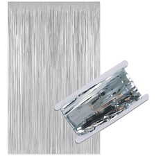 Metallic Foil Fringe Curtain   39 x 78  Silver Tinsel Party Backdrop  Shiny...