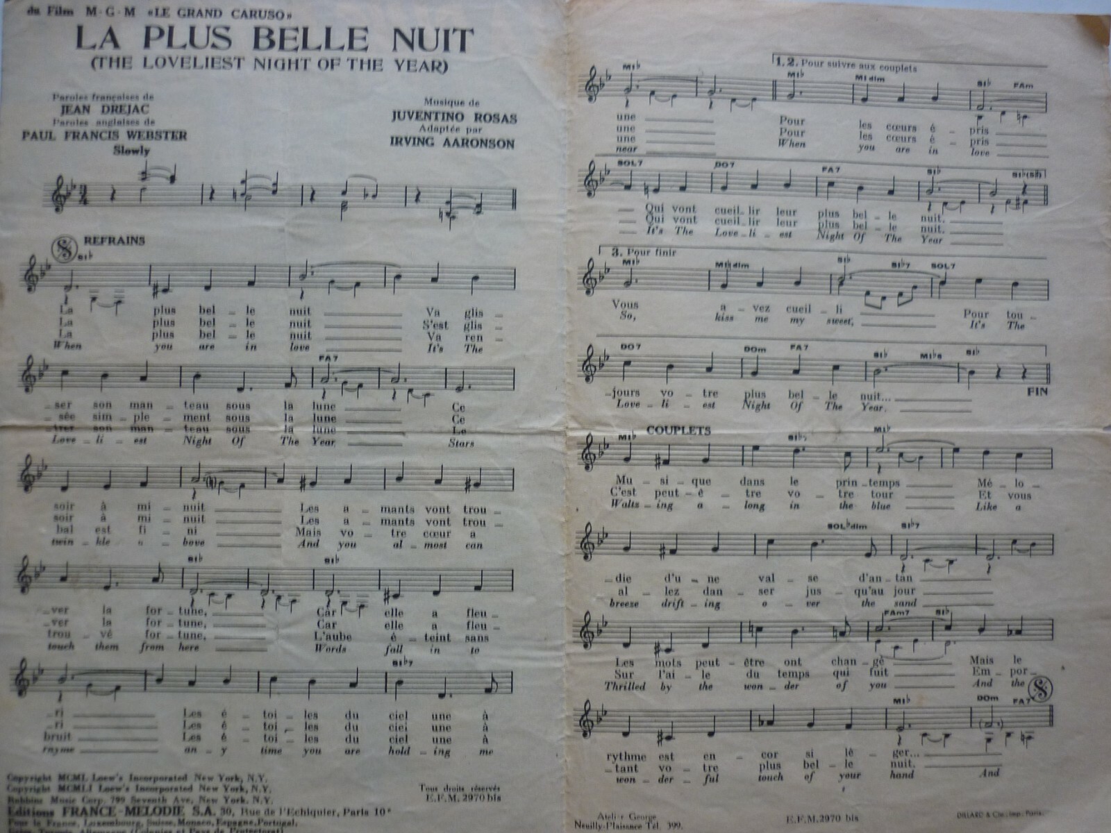 Partition La plus belle nuit Anny Gould Eddie Constantine 1950 Le grand