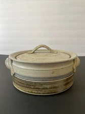 Pottery Covered Casserole Dish Beige Signed Haas Pottery Rustic Farmhouse
