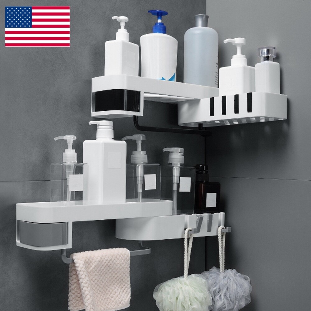 SUNFICON Rotating Bathroom Shelf Adhesive Shower Caddy Basket Organizer Wall Mounted Spices Storage Rack No Drilling Shower Shelf Bath Essentials Makeups Shampoo Holder with Traceless Clear Adhesive