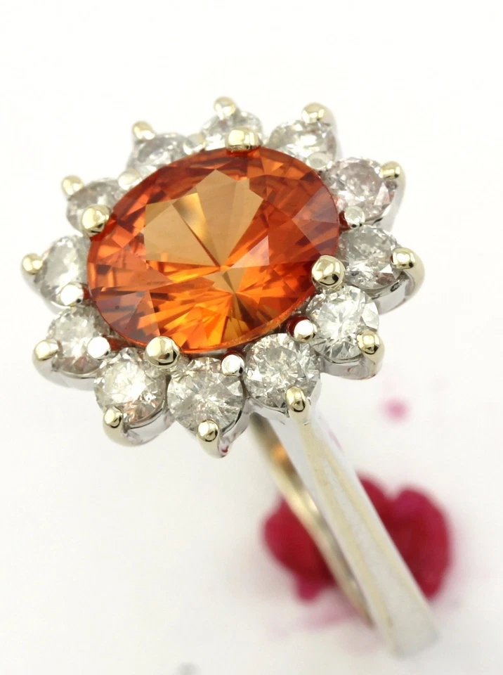 14k white gold 2.85ct oval orange sapphire round diamond halo ring size 6.25 NEW - Image 3 of 4