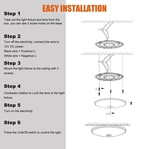 Facon 3.5'' 4.5'' 12 volt RV Interior Led ceiling lights w/Switch Camper Trailer - Zdjęcie 22 z 23