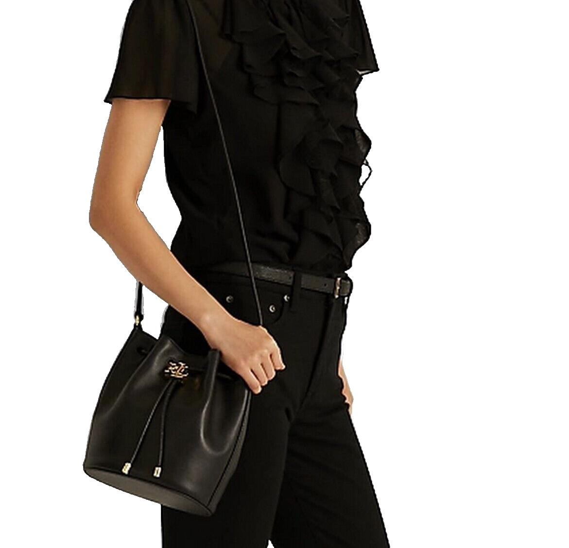 LAUREN Ralph Lauren Black Leather Medium Andie Drawstring Bucket