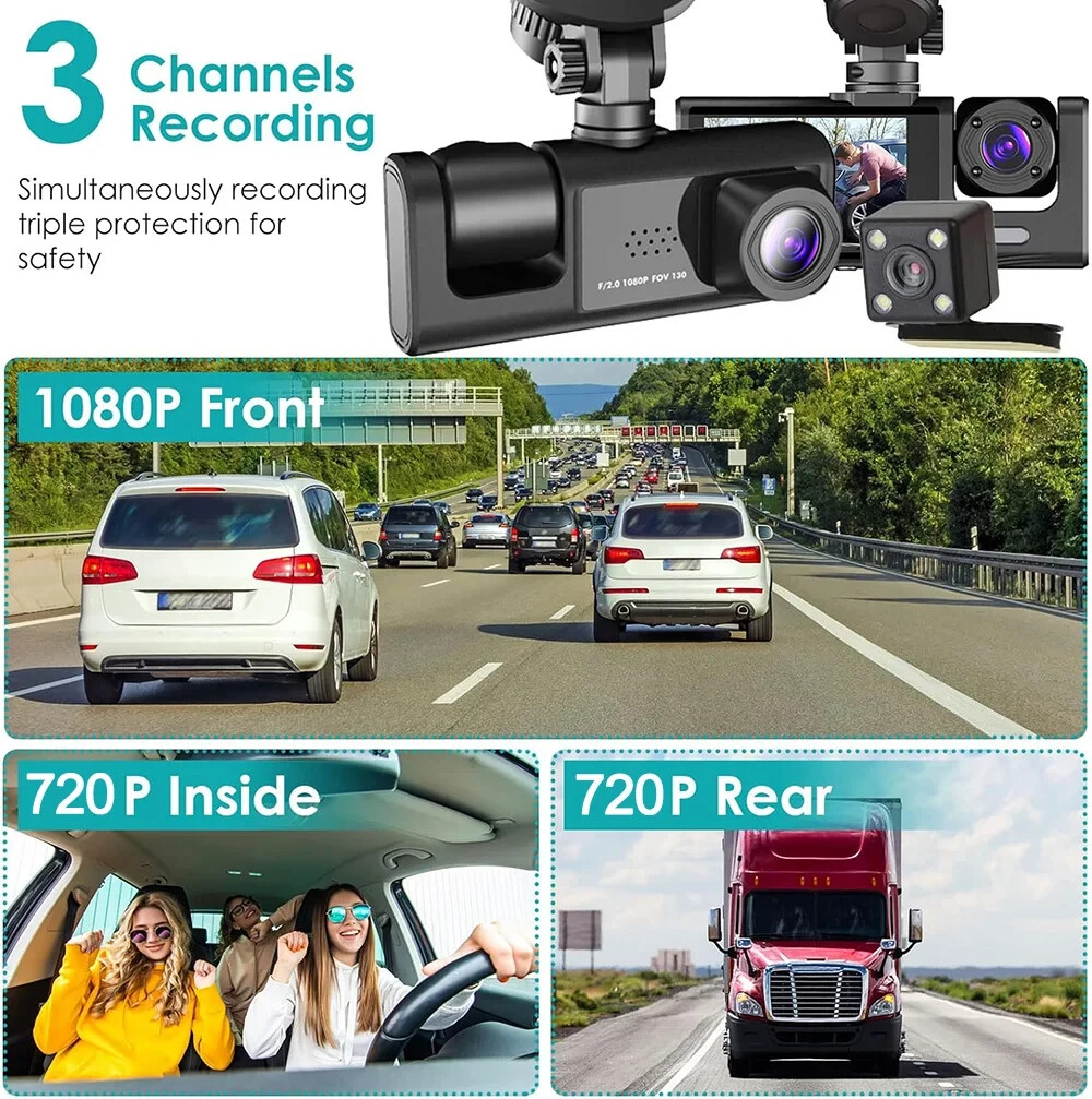 Dash Cam 3 Canali 1080p, Anteriore e Posteriore, Dvr Retromarcia, Black Box Auto - Miniatura 7