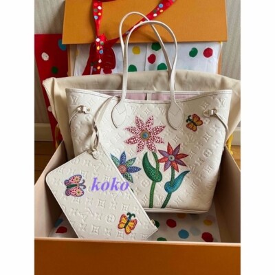 LOUIS VUITTON YK Neverfull MM Tote Bag floral pouch Yayoi Kusama