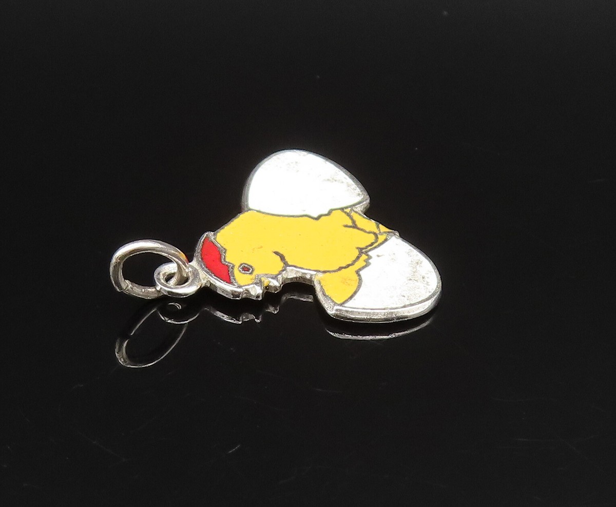 925 Sterling Silver  Vintage Enamel Chick Hatching From Egg Pendant  PT21213 View 4