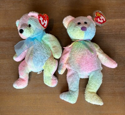 TY Beanie Baby GROOVY & MELLOW Pastel Tie-Dye Teddy Bear Pair